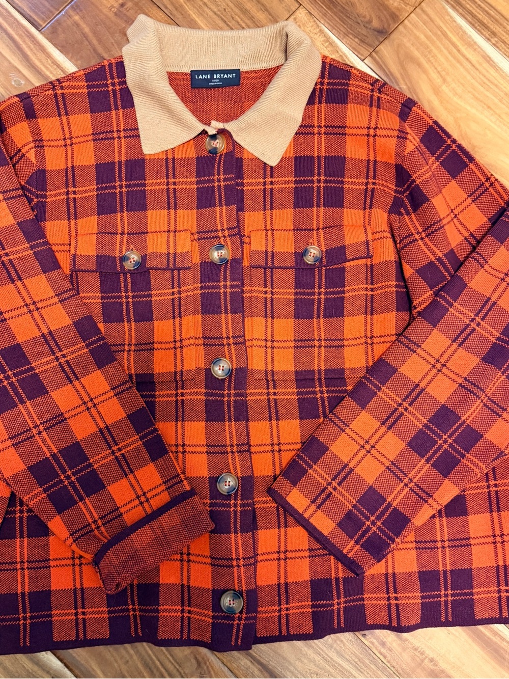 Lane Bryant Orange & Purple Plaid Jacket with Cream Collar